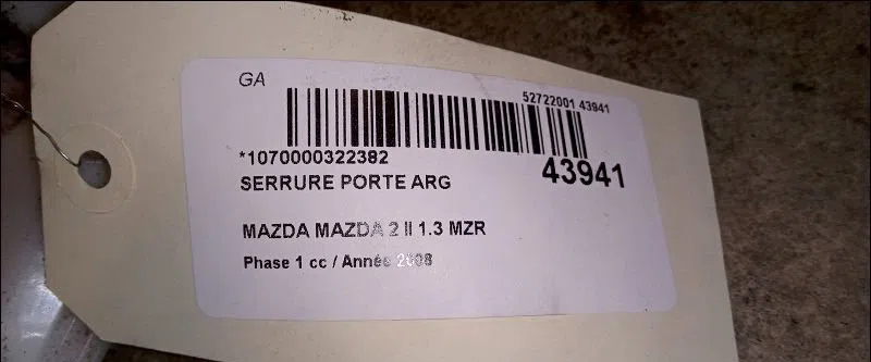 Serrure porte arg Mazda 2 (DE_, DH_) 1.3 (de3fs) (2007-2015) occasion